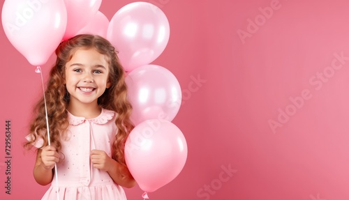 Beautiful little girl with pastel pink air balloons isolated over pink background.
