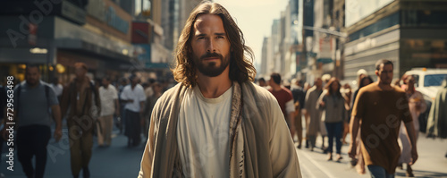 Jesus Christ walking in the city street - front view