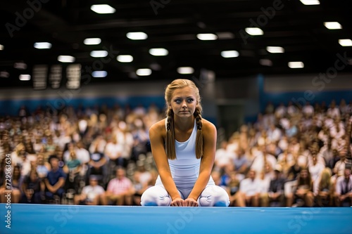 Young Female Gymnast Pausing Before Her Routine at an Indoor Competition Event