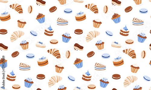 Desserts Seamless Pattern with croissant macaroon eclair cupcake biscuit chocolate.