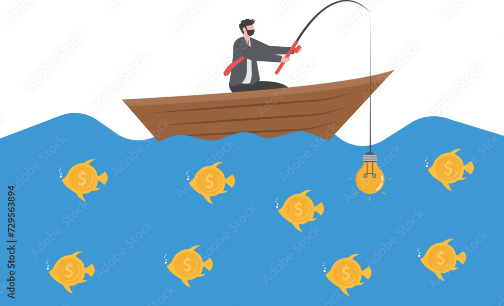 Ideas to attract money and investments. businessman sitting on a boat and Dollar fishing

