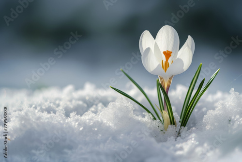 A white flower breaks out from under the snow. Background with selective focus and copy space