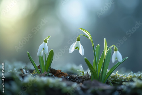 The first spring snowdrops in the garden. Background with selective focus and copy space