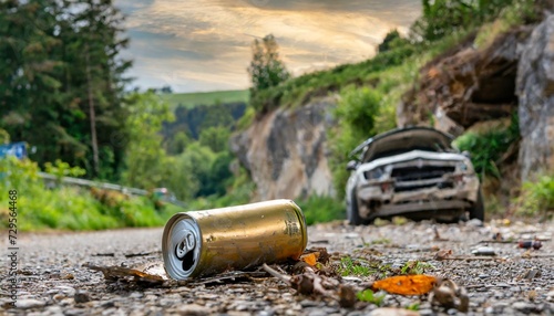 Uma lata de cerveja no asfalto e ao fundo um carro destruído photo