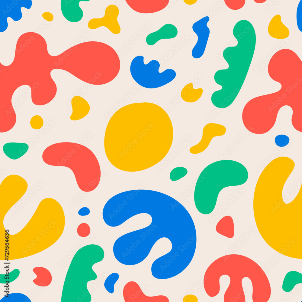 Seamless pattern with abstract colorful silhouette organic shapes. Vector background in kid core aesthetic. Contemporary modern trendy style