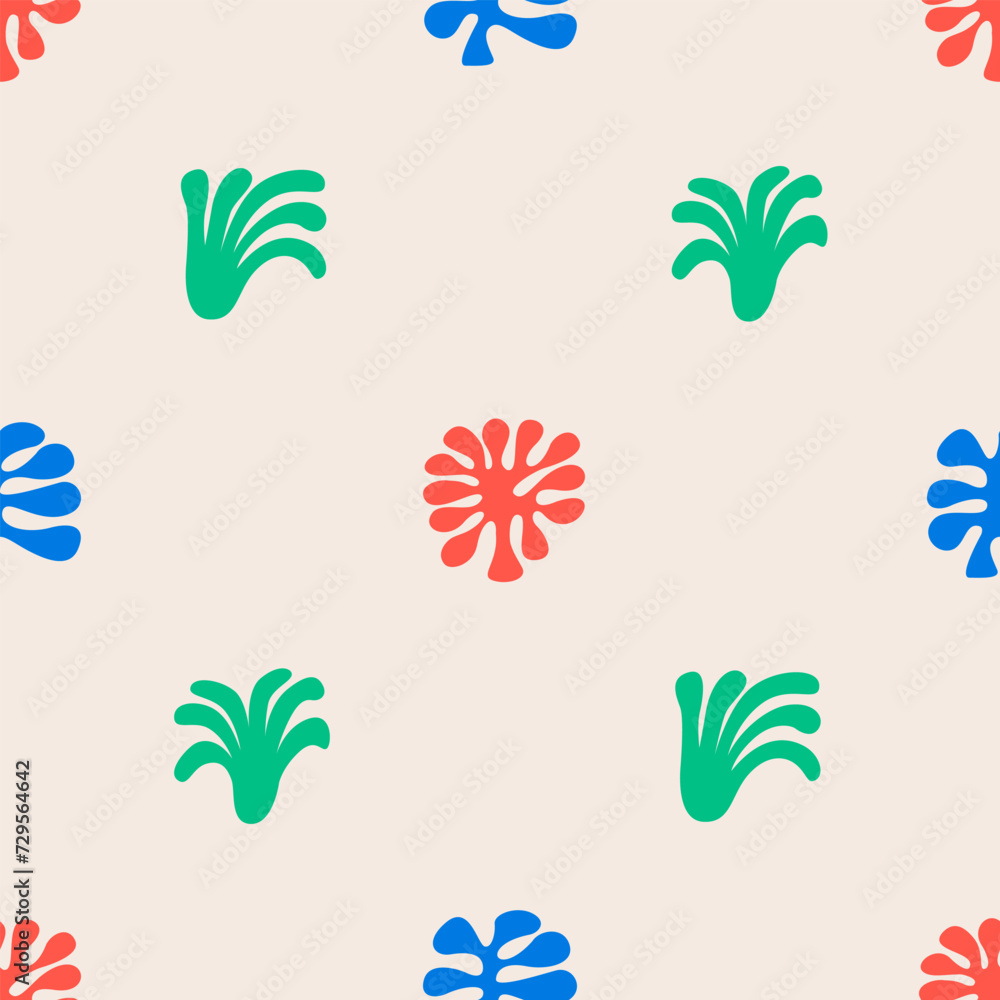 Seamless pattern with abstract organic shapes. Summer vector flat background with cute ocean underwater plants. Algae, seaweed and corals in naive style. Vector flat childish colorful background 