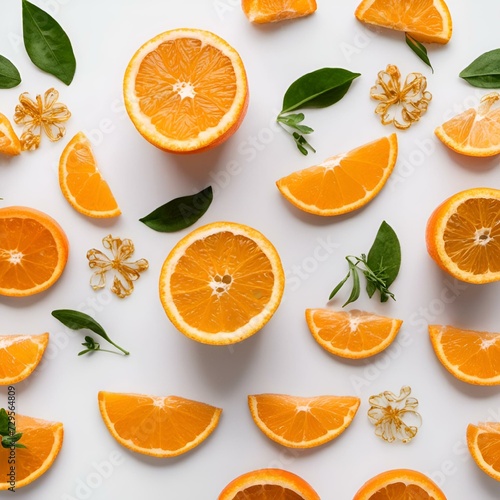 AI generated illustration of orange slices, leaves, and flowers against a clean white background
