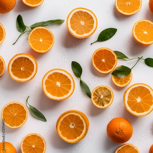 AI generated illustration of fresh orange slices with scattered leaves on a clean white background