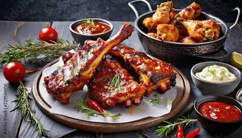 portions of spicy spare ribs and chicken legs