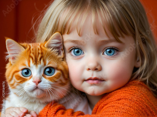 A little girl with her orange cat