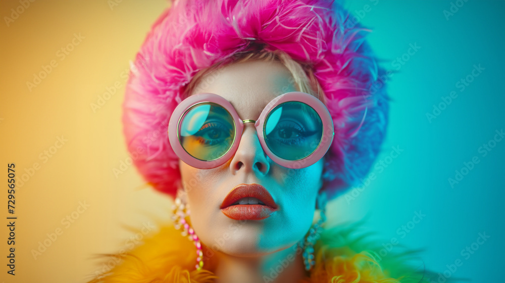 Obraz premium Portrait of good looking senior woman wears spectacles bright makeup looks at camera with pleased expressionisolated over colorful background. People age concept. Image of a beautiful and elegant old 