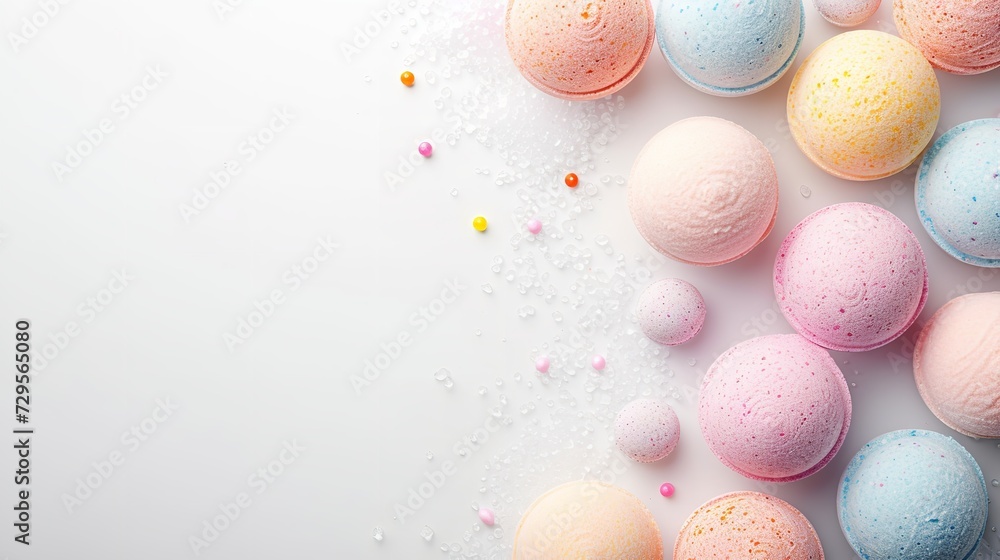 Spa bath bombs in various colors against a white backdrop with big copy space, Generative AI.