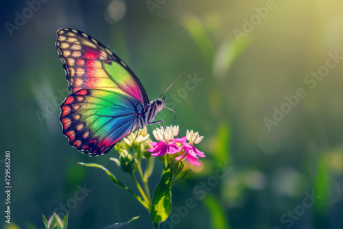 Butterfly on spring wildflowers. Background with selective focus and copy space