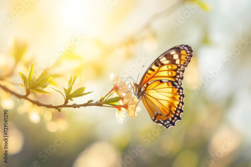 Butterfly on spring blooming fruit trees. Background with selective focus and copy space