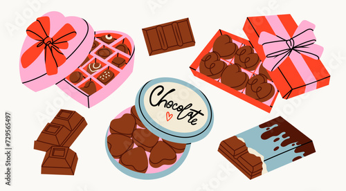 Various Chocolate set. Different shapes of chocolate. Candies in box, bars and sweets. Tasty cocoa products. Hand drawn modern Vector illustration. Sweet, delicious dessert. Isolated design elements