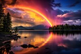 Rainbow during sunset at the lake, dark clouds, wallpaper background