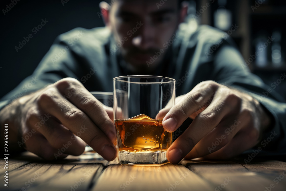 An alcoholic sits at a table with a glass of alcohol, the concept of alcoholism and problems. Background