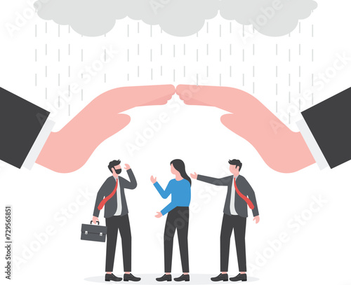 Employee care benefit, worker insurance or protection, boss or manager to protect team and colleagues, leader or boss to help employee concept, giant businessman hand cover team member from rainstorm.