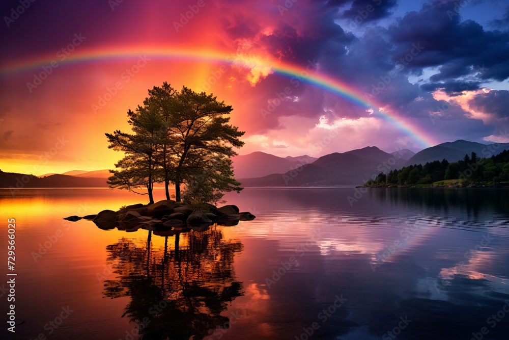 Intense rainbow blooming during sunset on the lake, dark clouds, wallpaper background