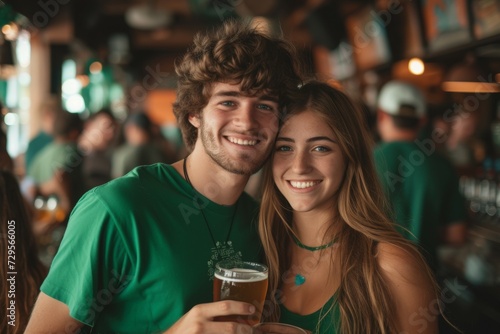 A young couple celebrates St. Patrick s Day. Background with selective focus and copy space