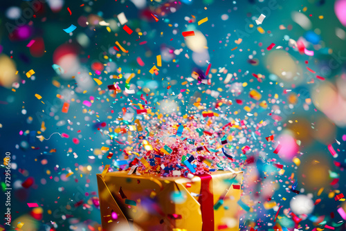 A whimsical and vibrant moment capturing the excitement of a gift box being opened amidst a flurry of colorful confetti. Selective focus.