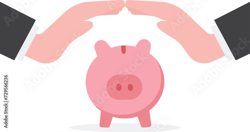 Financial risk assurance, protect money from inflation or economic crisis, insurance, tax or wealth management concept, strong businessman hand shielding protect piggy bank saving money box.

