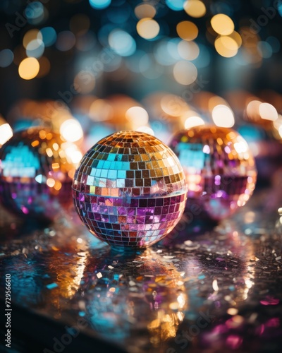 Disco night theme party concept. Disco balls on a blurred background with bokeh