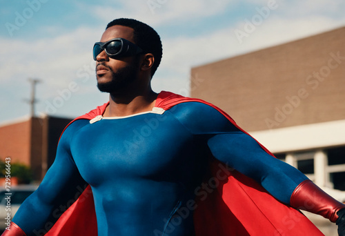 African american male superhero. Portrait of black man in fantastic costume. photo