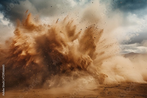 Massive blast shakes the earth, stirring up sand. Dangerous detonation unleashes chaos, backdrop obscured by smoke.