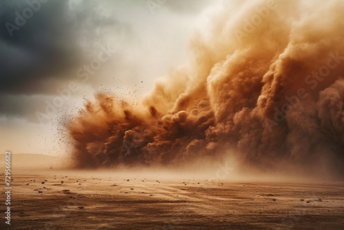 Explosion reverberates, sending sand grains flying. Sandstorm intensifies, obscuring the sky with smoke. photo