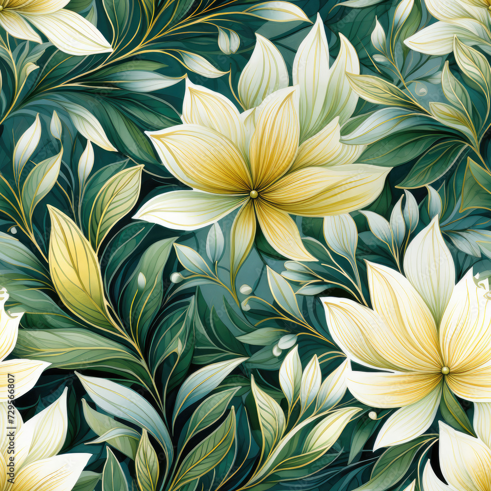 Creative abstract background wallpaper. Repetitive pattern, seamless leaves and flowers background for the textiles and designs. Beautiful oil watercolor and ink painting in green and yellow Creative abstract background wallpaper. Repetitive pattern, seamless leaves and flowers background for the textiles and designs. Beautiful oil watercolor and ink painting in green and yellow