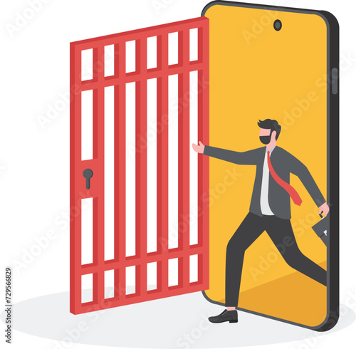 Businessman walks exits the smartphone. Concept of digital detox, health and wellbeing

