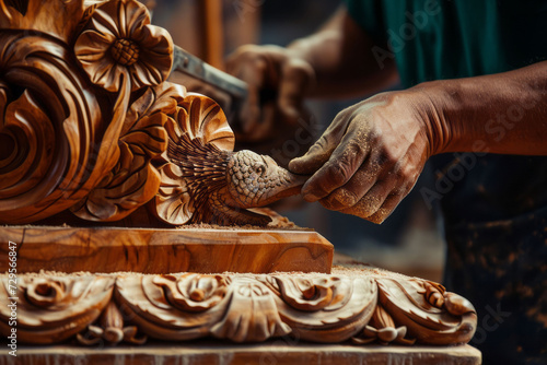 Detailed craftsmanship is captured in the intricate creation of wooden furniture pieces, featuring artisans working with traditional hand tools alongs