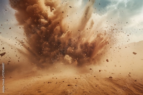 Dangerous detonation erupts, sand kicks up. Blast engulfs, smoke blends with the sky.