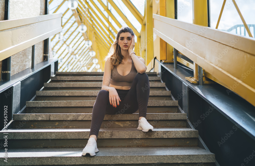 Contemplative young Caucasian woman resting on stairs in an urban yellow overpass, wearing athletic gear, embodying a moment of relaxation after a workout, in a luminous setting