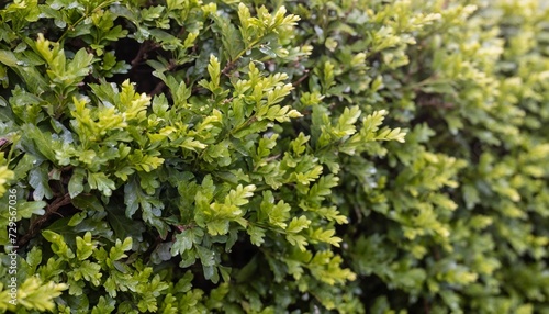 closeup shot of details on a bright green bush hedge