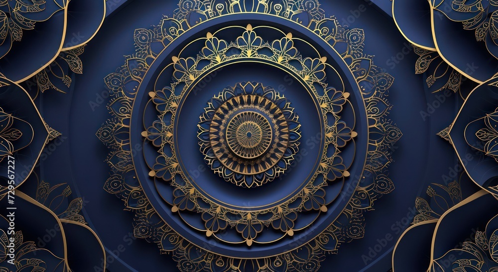 3D wallpaper design for the ceiling, presenting a blue and golden mandala decoration within a decorative frame backdrop.