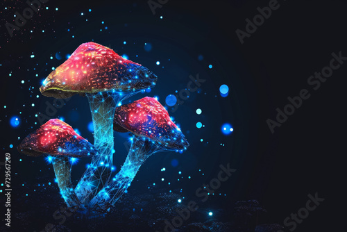 Mushroom digital study concept, hologram made of dots. Backdrop with selective focus and copy space