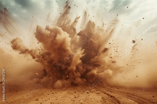 Massive blast shakes the earth, stirring up sand. Dangerous detonation unleashes chaos, background shrouded in smoke.