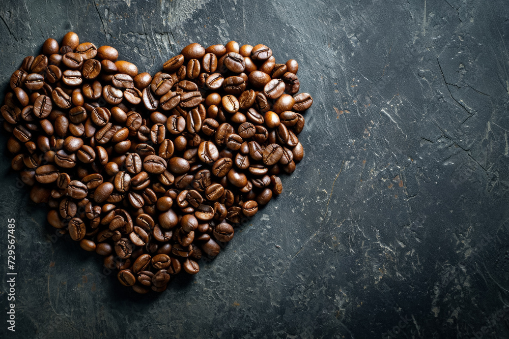 Coffee beans in the shape of a heart. Backdrop with selective focus and copy space Coffee beans in the shape of a heart. Backdrop with selective focus and copy space