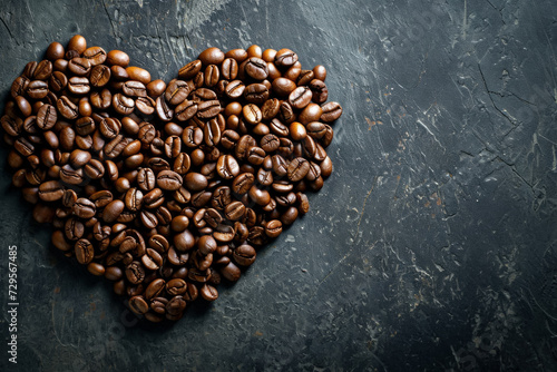 Coffee beans in the shape of a heart. Backdrop with selective focus and copy space