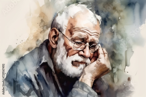 Watercolour Picture of an Old Man Struggling With Depression