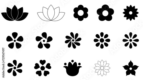 set of flowers icons rose leaf black and white flowers symbol logo #729567497