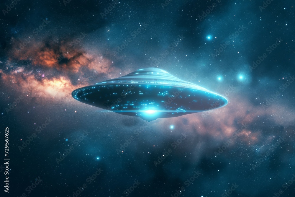 Flying saucer in space. Backdrop with selective focus and copy space Flying saucer in space. Backdrop with selective focus and copy space