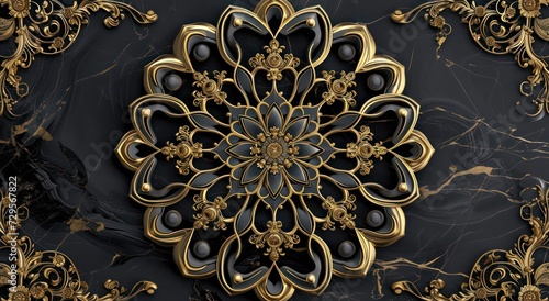 3d wallpaper for ceiling with black and golden mandala decoration model and decorative frame background