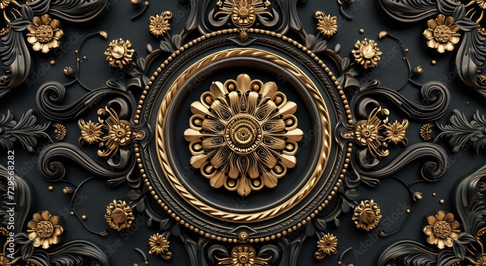 Black and golden mandala decoration model stands out against the decorative frame background in this 3D ceiling wallpaper.
