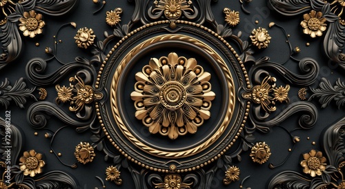 Black and golden mandala decoration model stands out against the decorative frame background in this 3D ceiling wallpaper.