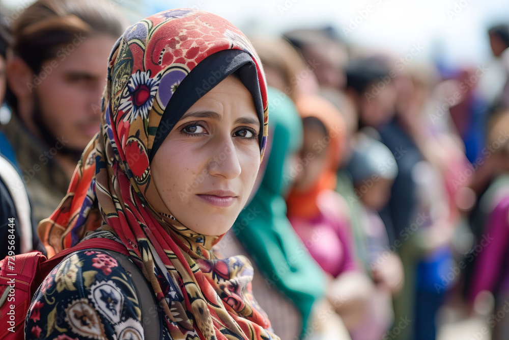 A refugee patiently waits in a long line for aid and assistance alongside a diverse group of individuals in similar circumstances. Selective focus. A refugee patiently waits in a long line for aid and assistance alongside a diverse group of individuals in similar circumstances. Selective focus.