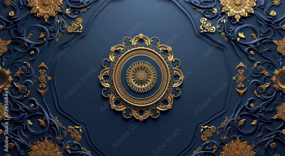 Decorative 3D wallpaper for the ceiling adorned with a blue and golden mandala design within a decorative frame backdrop. Decorative 3D wallpaper for the ceiling adorned with a blue and golden mandala design within a decorative frame backdrop.