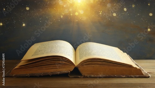 image of open antique book over wooden table